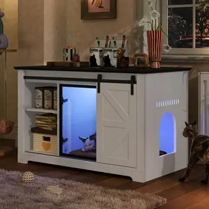 46" Farmhouse Cat Litter Box Enclosure with Sliding Barn Door, White Large Hidden Acrylic Door Cat Cabienet with LED Light, Cat Washroom Furniture with Storage Cabinet, Cat House Nightstand,White