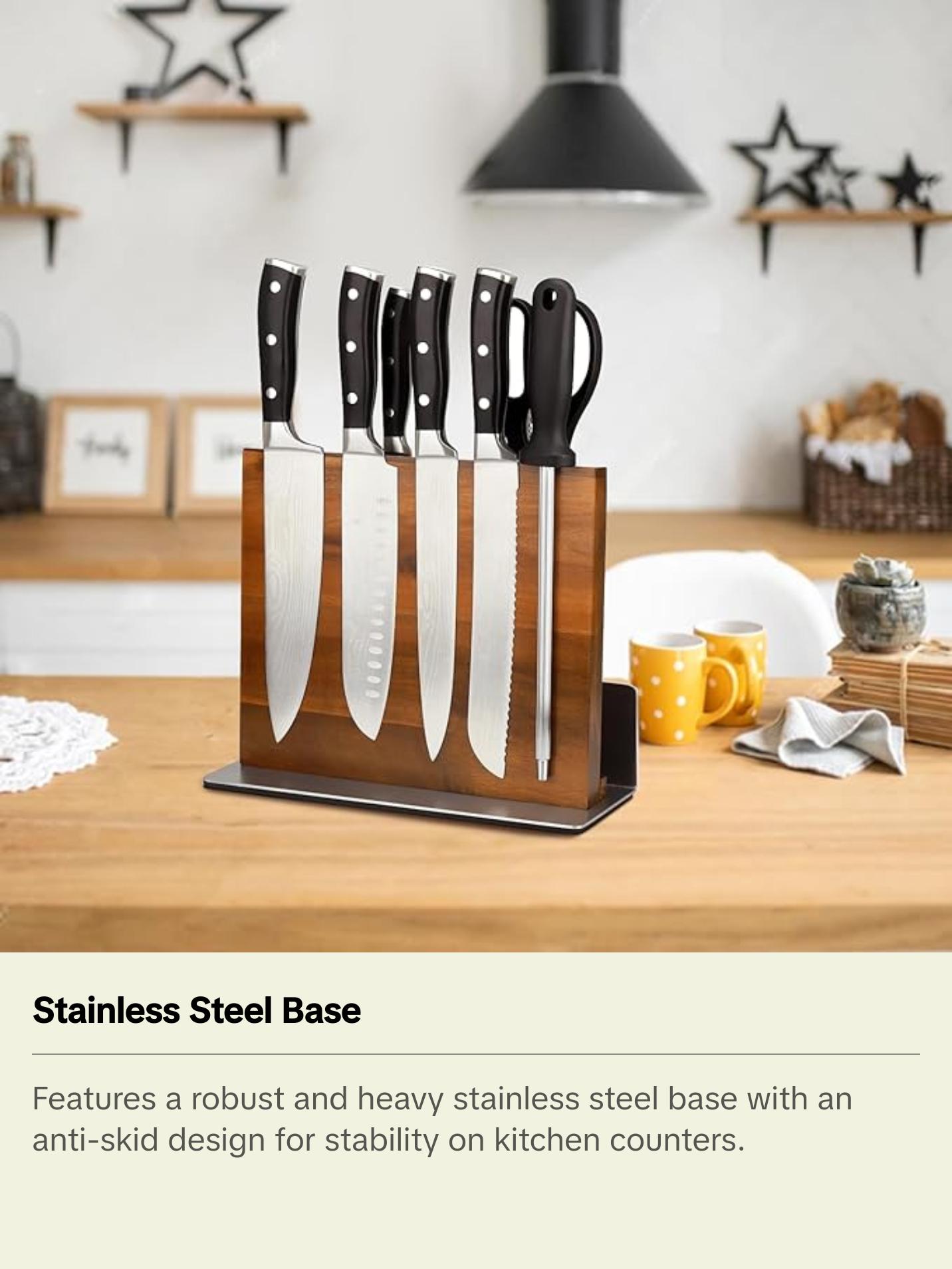 HOMIQUEEN Double Sided Magnetic Knife Stand with Stainless Steel Base, Strong Magnet Knife Block without Knives, Acacia Wood Kitchen Knife Block with Cutting Board Holder for Kitchen Counter