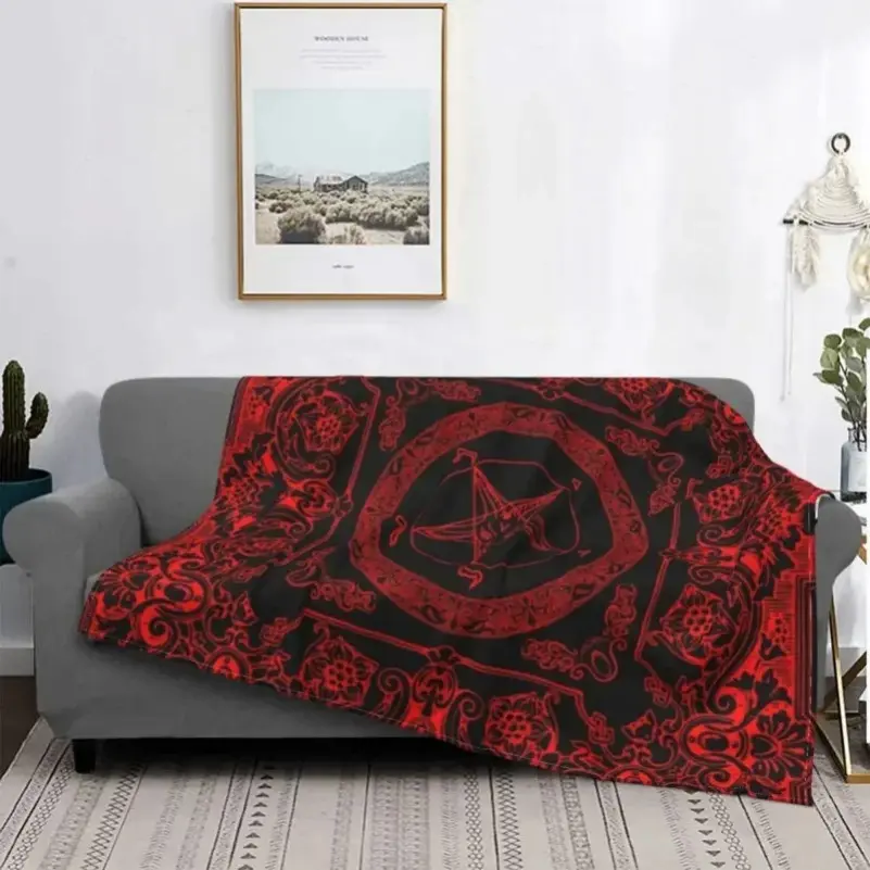 Sabbatic Goat Baphomet Flannel Blanket - Warm, Anti-Wrinkle, Vintage Modern Occult Pentagram Throw for Bedding, Couch - Father's Day Gift for Family, Customized for Watch Party, Wrinkle Resistant