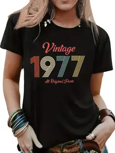 100% Cotton Vintage 1977 Printed Short-Sleeve Round-Neck Casual Top Suitable for Women'S Spring And Summer Wear