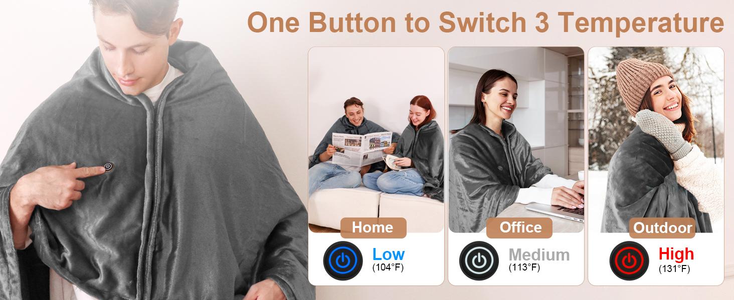 Portable USB Heated Blanket with 20000mAh Battery: 63"x33.5" Wearable Electric Shawl, 15s Fast Heating, 3-Temp levels & Machine Washable Velvet for Camping, Overlanding & Office - Mother's Day & Birthday Gift