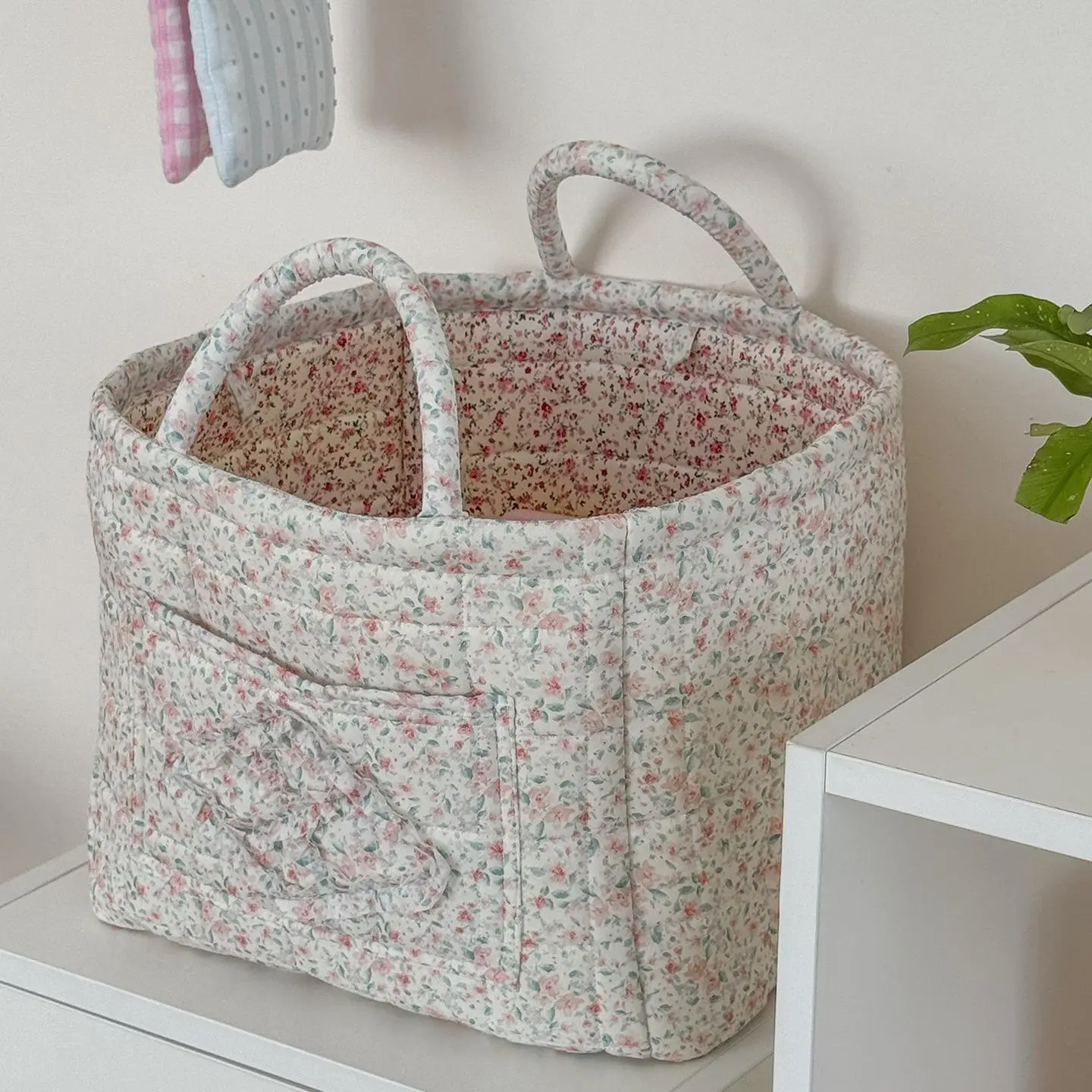 Quilted Cotton Floral Print Storage Basket - Foldable Home Organizer for Clothes, Toys, Bedroom Items, Bathroom Use, Room Storage, Laundry - Machine Washable, Large Capacity Woven Decor Accessory, Storage Organizer, Laundry Basket