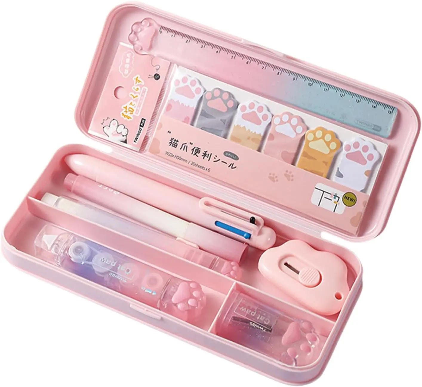 9-Piece Cute Blush Pink Cat Paw Stationery Set, Aesthetic School Supplies Haul for Students, Kawaii Office Supplies Including Pens, Pencil Sharpener, Highlighter, Eraser, Correction Tape, Ruler, Utility Knife