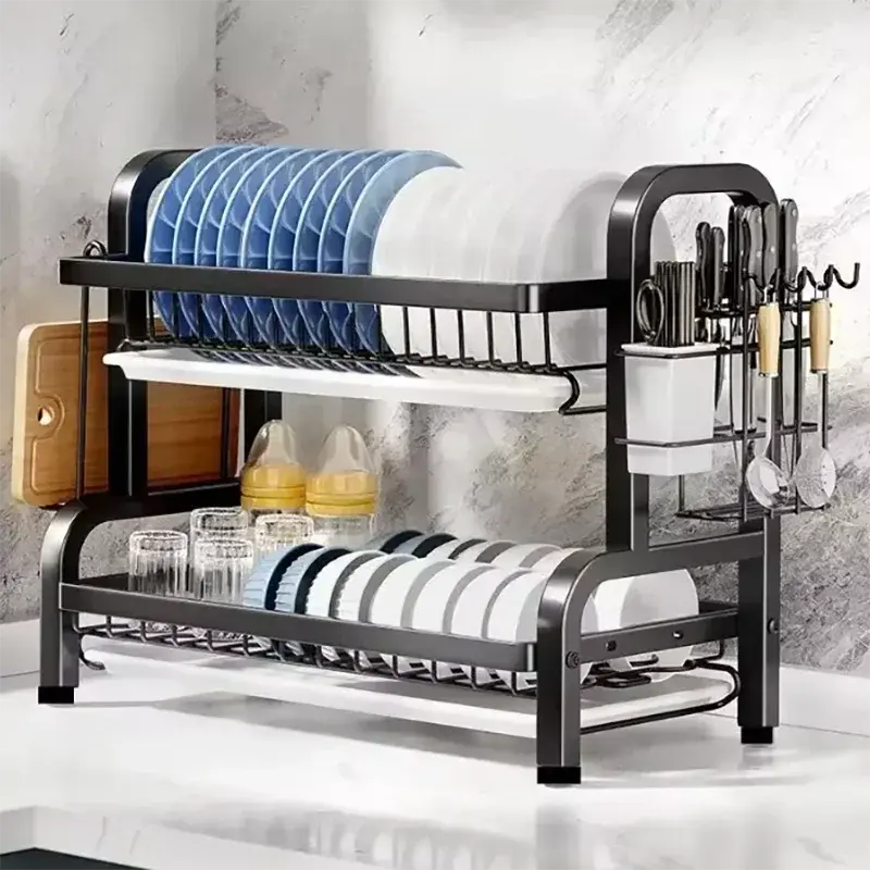 2025 New 2-Tier Stainless Steel Dish Drainer Compact Kitchen Organizer with Utensil Holder Rustproof Countertop Storage