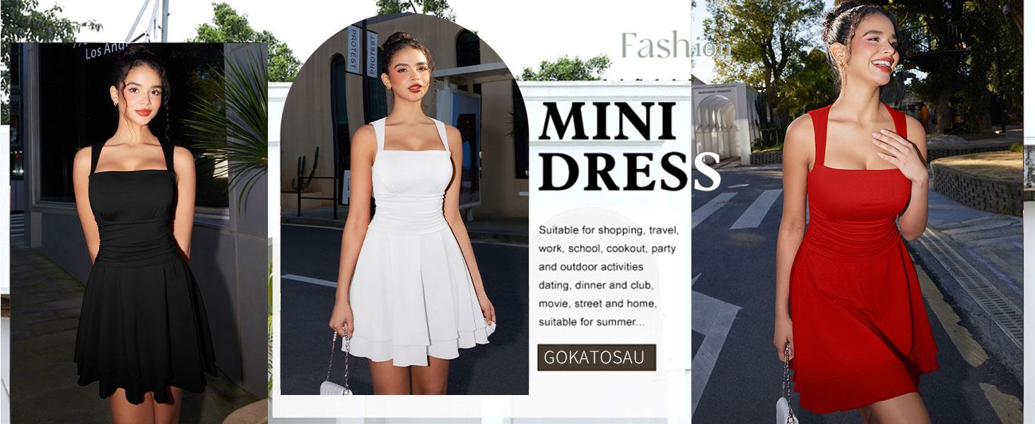 OYS Women's Square Neck Sleeveless Bodycon Ruched Waist Flowy A-Line Ruffle Hem Mini Dress