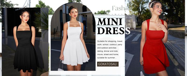 OYS Women's Square Neck Sleeveless Bodycon Ruched Waist Flowy A-Line Ruffle Hem Mini Dress OYS Women's Square Neck Sleeveless Bodycon Ruched Waist Flowy A-Line Ruffle Hem Mini Dress