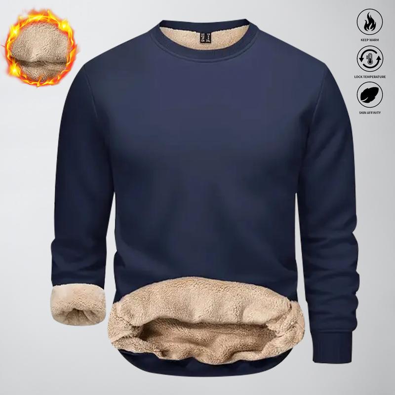 Men’s Solid Color Sherpa Sweatshirt - Minimalist Fleece Lined Crewneck Pullover - Warm Versatile Basic Top - Stylish Relaxed Fit for Outdoor and Daily Wear