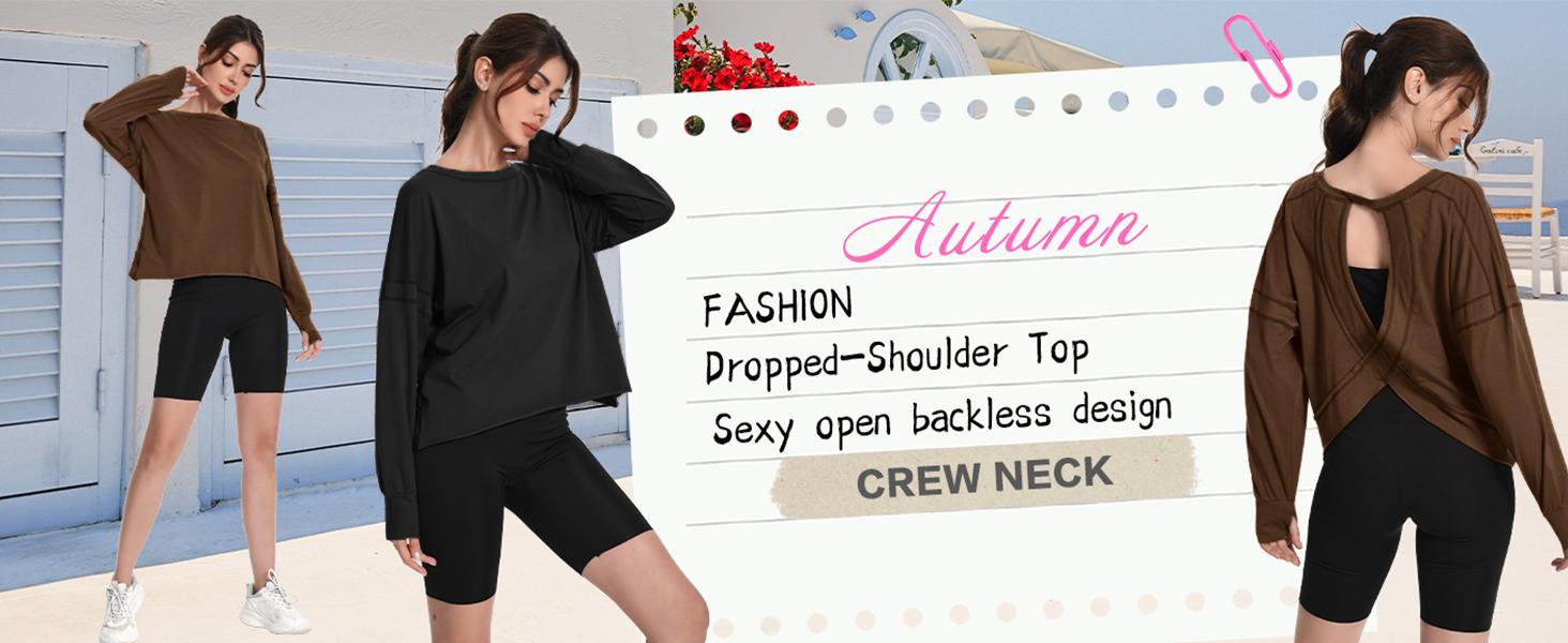 WoodBerry Women's Open Back Workout Top Long Sleeve Athletic Shirts Casual Yoga Y2k Athletic Gym Slouchy Crop Running Tees