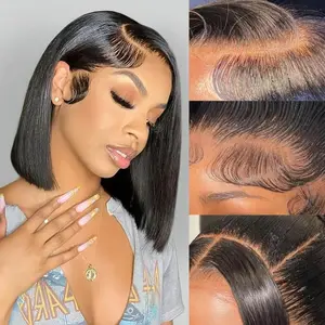 Glueless Staight Short Bob Wig 5x5 Pre Plucked Hairline Pre-Cut  Lace Wig 180% Density HD Transparent Lace Closure Wigs Human Hair for Black Women Short Straight Bob Wigs No Glue Lace Closure Wigs Beginner Friendly Gift for Girlfriend/Wife/FamilySpringtok