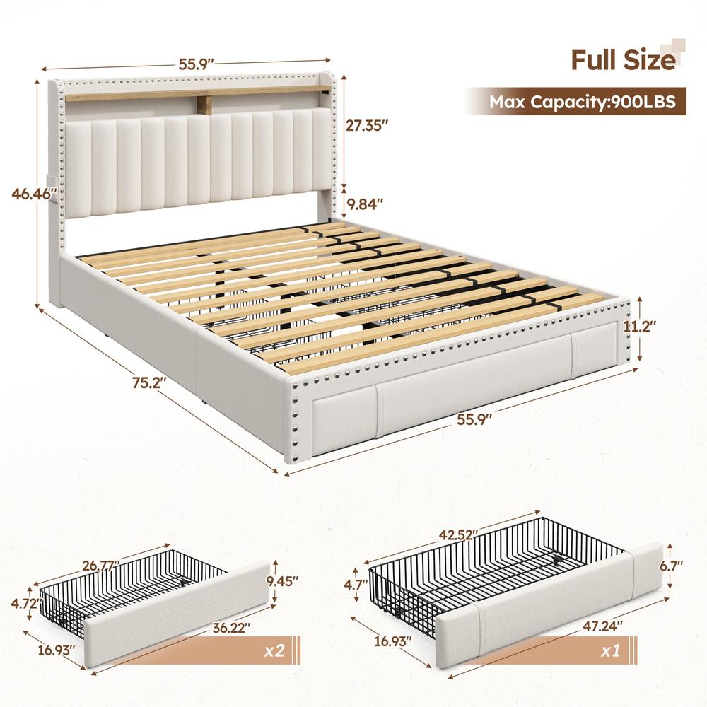 King Size Bed Frame with Storage & Headboard, Upholstered Queen or Full Size Divan Beds with Drawers & Shelves, Luxury Bed Frames- Modern Luxury Home Interior Furniture