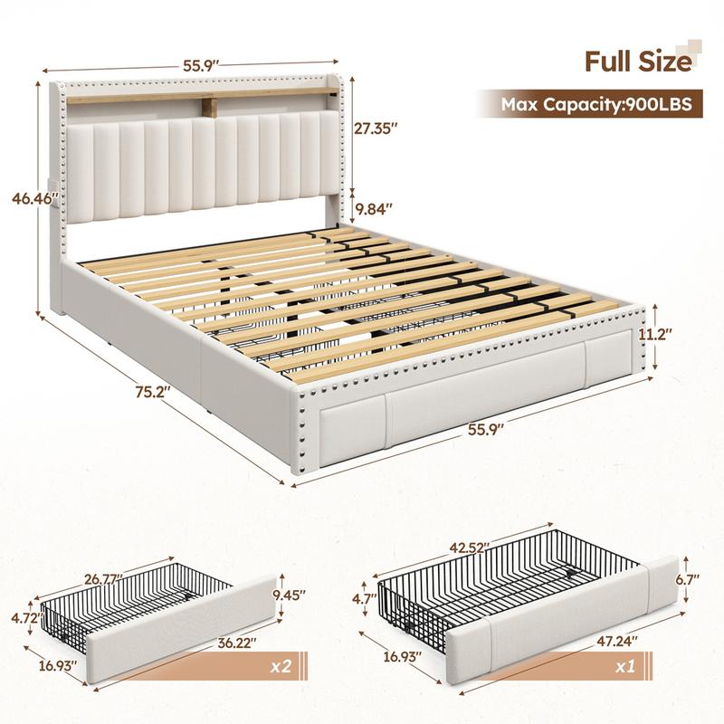 King Size Bed Frame with Storage & Headboard, Upholstered Queen or Full Size Divan Beds with Drawers & Shelves, Luxury Bed Frames- Modern Luxury Home Interior Furniture