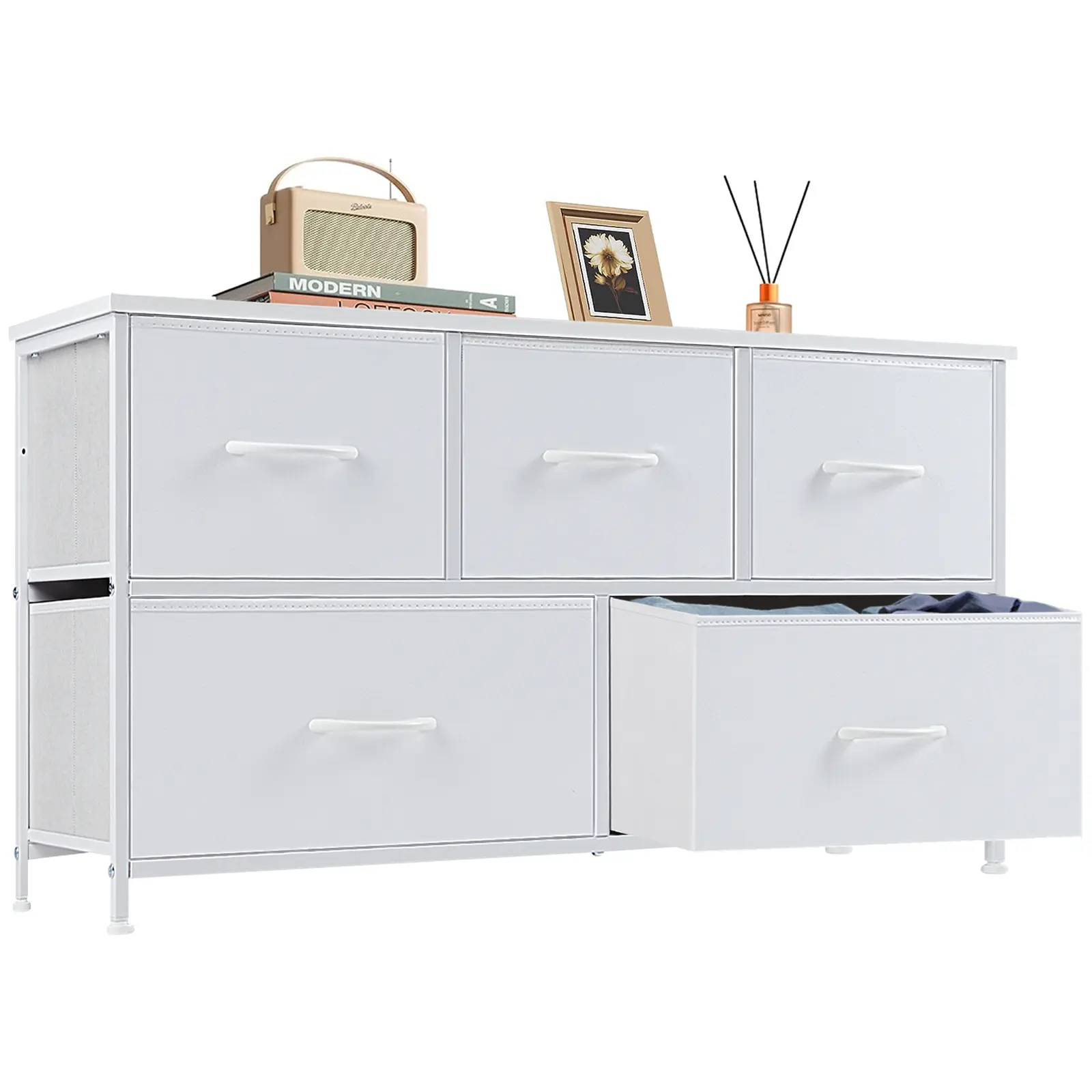 5-Drawer Fabric Storage Tower Dresser, Modern Indoor Cupboard Cabinet, Closet Organization Solution for Bedroom, Entryway
