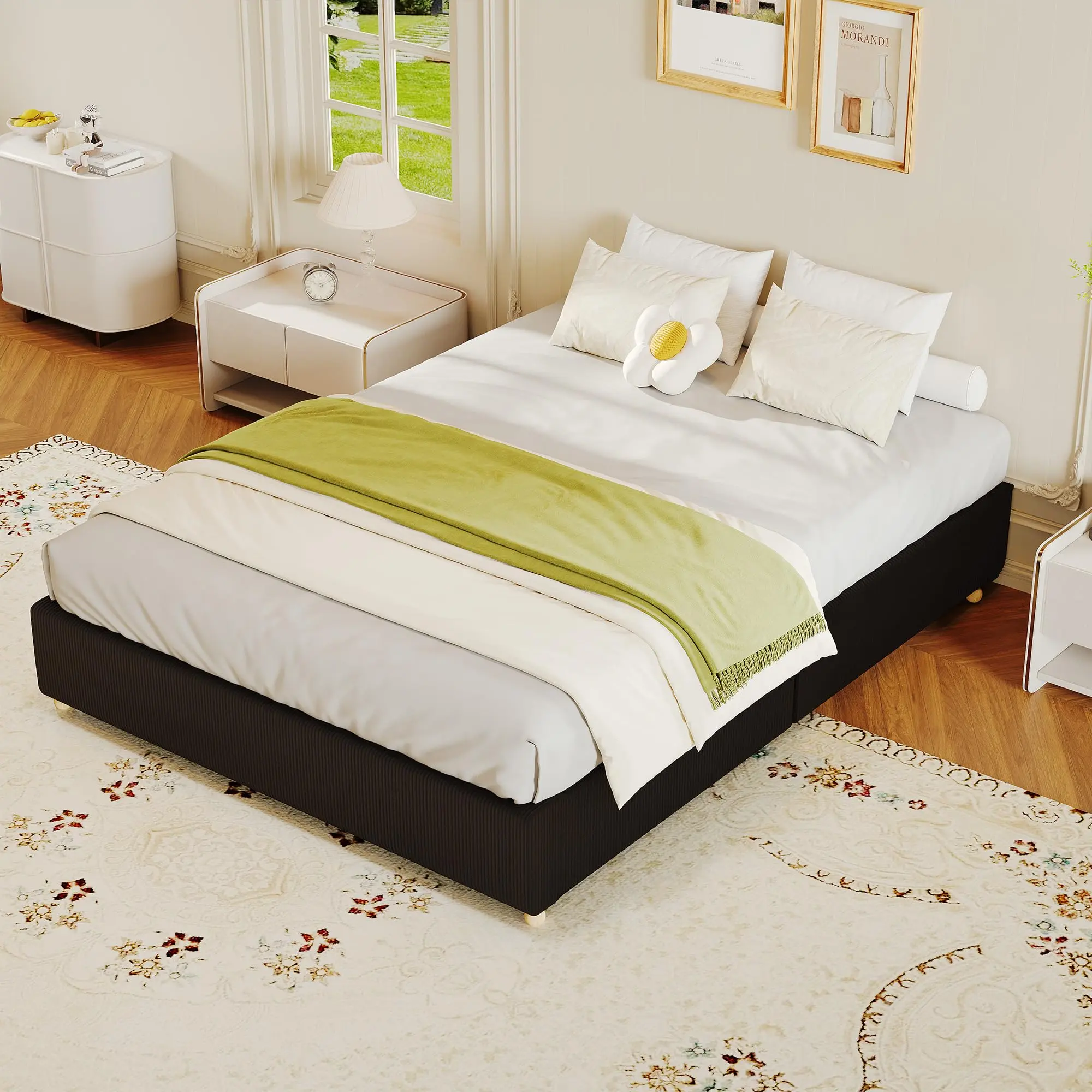 Black Full Size Cloud Bed Frame，Corduroy Low Bed Frame Without Headboard, Thick Fabric Upholstered Platform Bed, Solid Wood Legs, No Box Spring Needed, Never Squeak, Easy Assembly