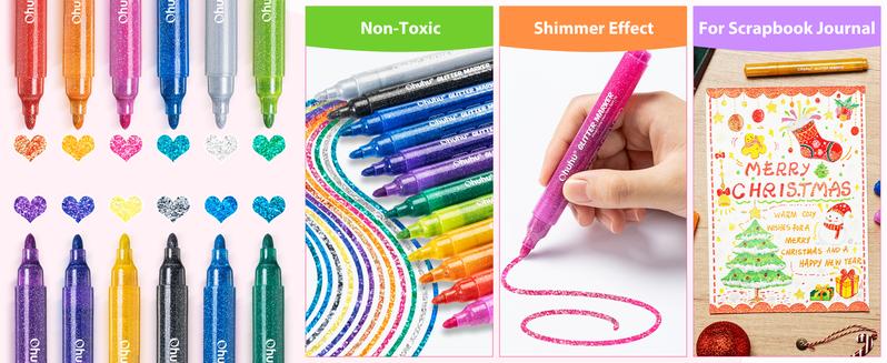 Ohuhu Glitter Markers Pen: Fine Tip - 12 Glitter Colors - 0.7mm/3mm - Metallic Shimmer Marker Fine Tip Water-based Ink for Kids Adults DIY Crafts Greeting Birthday Cards Making Mugs Wood