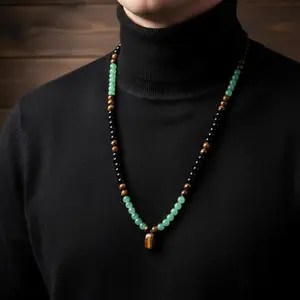 Green Aventurine & Tiger Eye Money Attraction Necklace, Natural Healing Crystal Pendant for Wealth & Prosperity, Long Chain Sweater Necklace