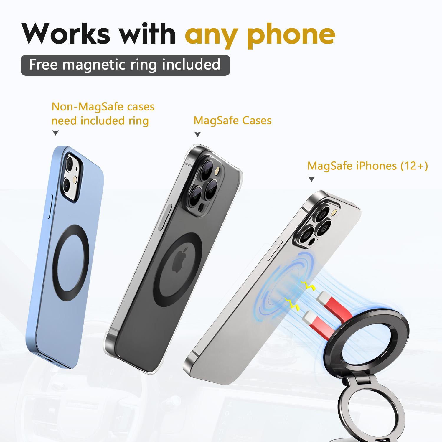 ​360° Rotating Foldable Magnetic Car Phone Holder for iPhone 15/14/13/12 - Zinc Alloy MagSafe Mount with Universal Vacuum Suction for All Cars & Phones