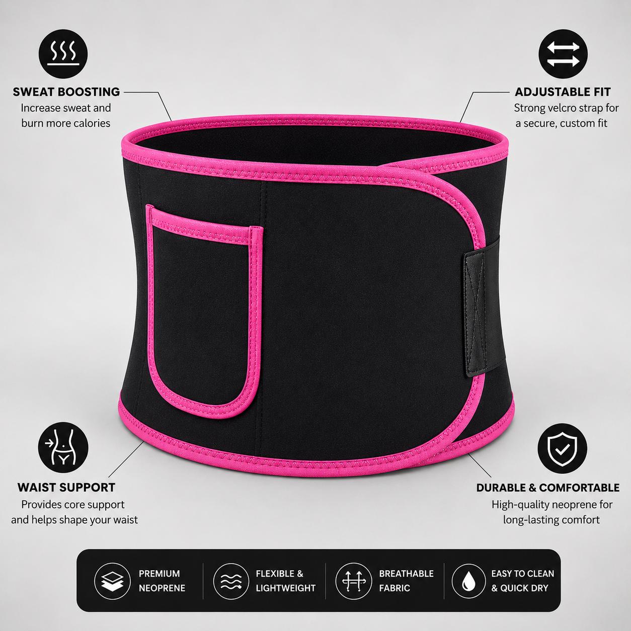 ZAVO Sweat & Support Waist Belt – Adjustable Waist Trainer for Fitness, Running, Squats & Workout Training Womenswear Shapewear Pink Spandex Compression Fabric