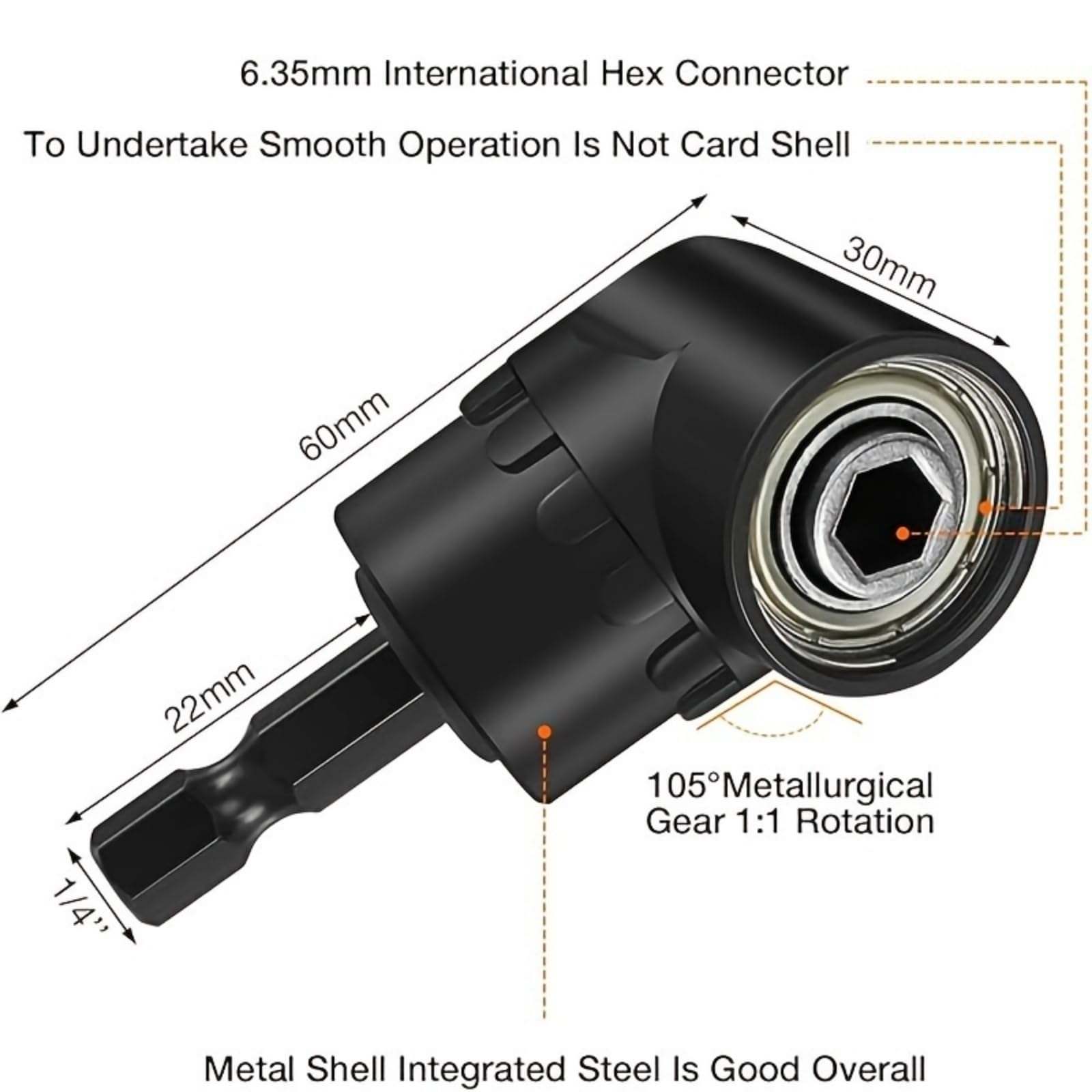 6Pcs Right-Angle Drill Heavy-Duty Tool Kit, Including 3*360°Rotatable 1/4", 1*(3/8"&1/2") Impact-Grade Socket Adapters, 2*(105°Hex Shank Angle Adapters & 90°Right-Angle Drill Bit),