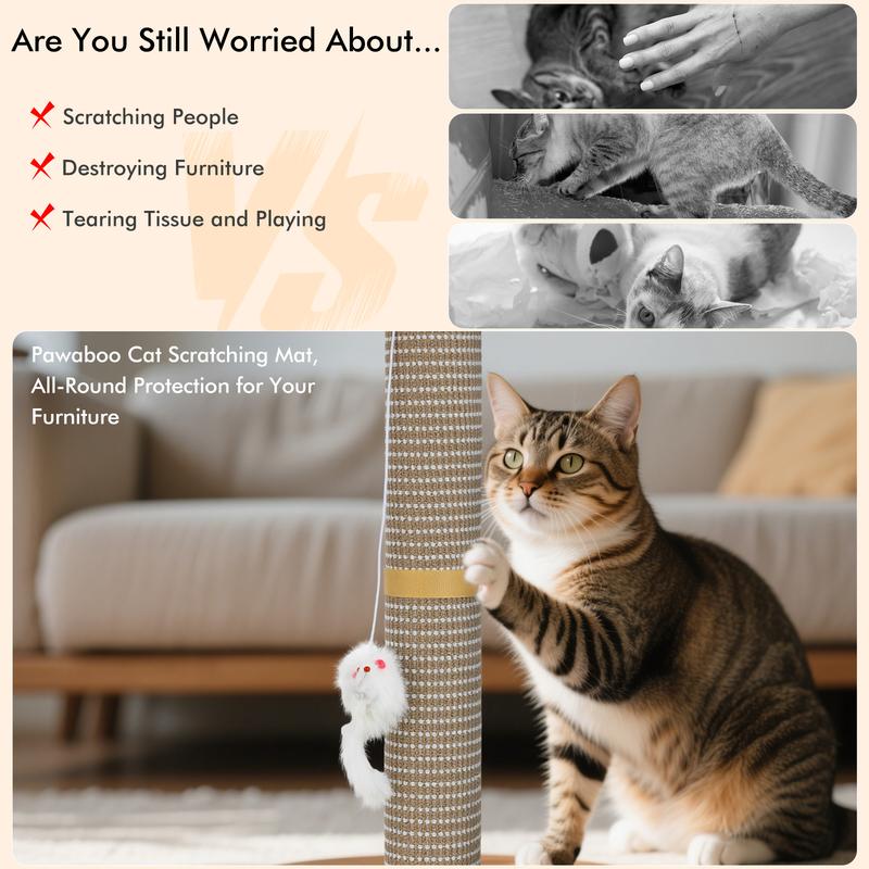 Pawaboo Cat Tree Saver Mat | Cat Scratcher Mat, Repair Worn Cat Trees with 100% Natural Sisal & Extra Hanging Toy - A Gift of Gratitude for Your Cat