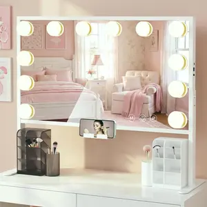 Wovenbyrd Vanity Mirror with Lights, 12 LED Bulbs, Adjustable Stand, 10X Magnifying Mirror, Touch Control with 3 Color Modes, USB-A & Type-C Ports, Tabletop or Wall Mounted Makeup Mirror,  for Bedroom Vanity Dressing Area Bathroom