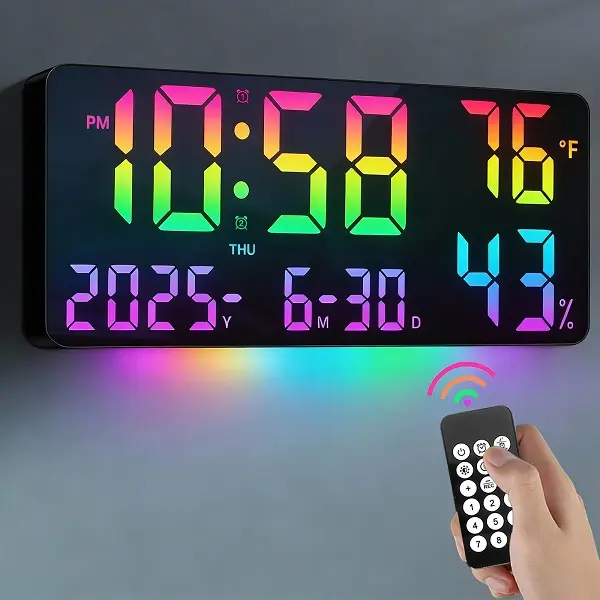 Pacilack 14.6" Extra Large Square Classic Digital Alarm Clock with Remote Control, Dual Alarms, Big LED Screen, 12 RGB Multicolor Display Modes, Built-in Night Light, Humidity Monitor, Date, Week, Temperature - Home Decor Gift for Living Room, Seniors, Di