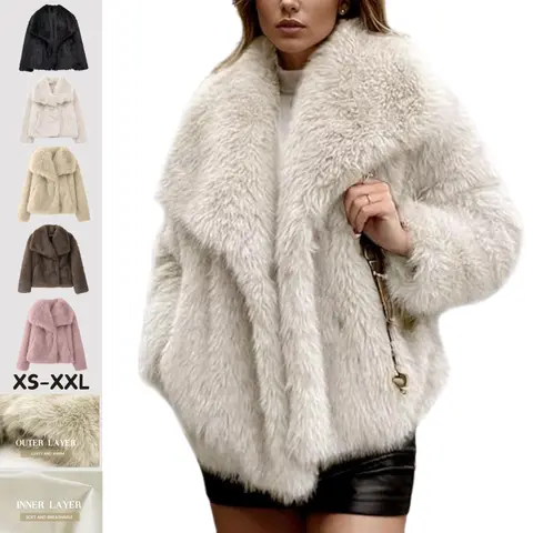 Faux Fur Jacket for Women Lapel Cropped Furry Coat 2026 Spring Fluffy Faux Fur Jacket Long Sleeve Winter Open Front Shaggy Parka Outerwear Casual Womenswear with Side Pockets-Cocktail Elegant Festival
