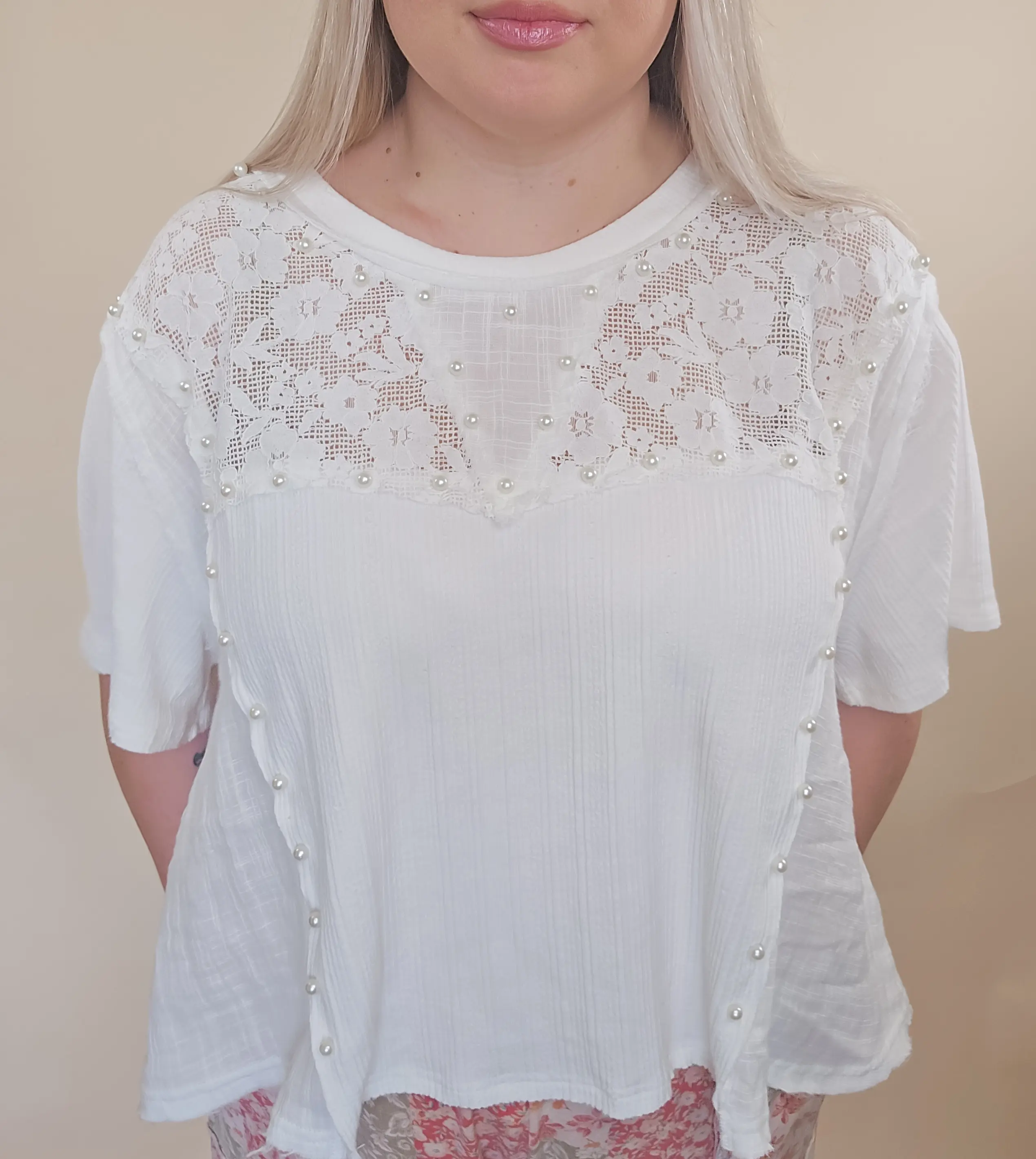 White Blouse with Pearls & Lace Detail
