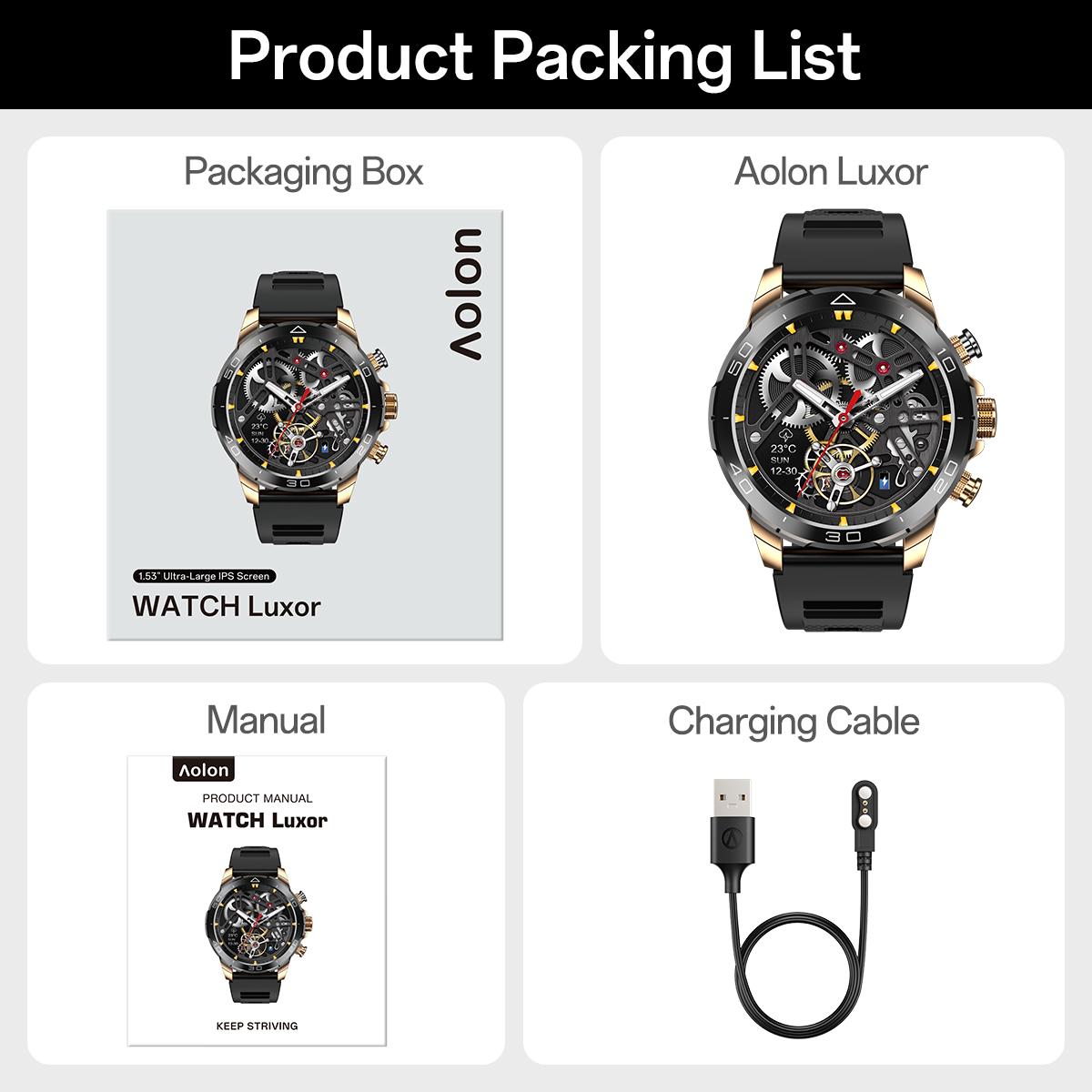 【GOLD-PLATED & FULL METAL BODY】Aolon Luxor Smart Business Watch, IP68 waterproof, with running speed tracking, DIY health monitoring, outdoor sports features, 128MB memory, and up to 26 days standby.
