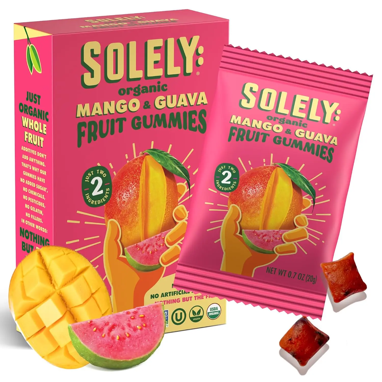 SOLELY Organic Mango & Guava Whole Fruit Chewy Gummies - 1 Box (5 Single-Serving Bags, 3.5 oz Total) - Natural, Gluten-Free, Non-GMO, Vegan Candy - Real Fresh Fruit, Ambient, Shelf-Stable - Healthy Snacks for Adults, 3+ Years Old