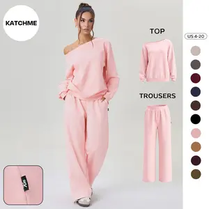 KatchMe Women's Leisure Solid Color Sloping Shoulder Long Sleeve Top & Wide Leg Trousers Co-ord Set & Separates, Cozy Scoop Neck Loose Outfits, Soft Womenswear