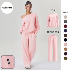 KatchMe Women's Leisure Solid Color Sloping Shoulder Long Sleeve Top & Wide Leg Trousers Co-ord Set & Separates, Minimalist Scoop Neck Loose Outfits, Casual Womenswear(US)