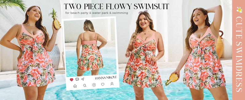 Hanna Nikole Women's Two Piece Swim Dress Plus Size Tummy Control Floral Printed Swimwear Swimsuits with Boyshort Tankinis Set Swimdress Outdoorfun