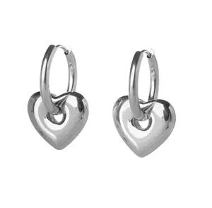 Puffy Heart Huggie Hoop Earrings - Pair - Stainless Steel