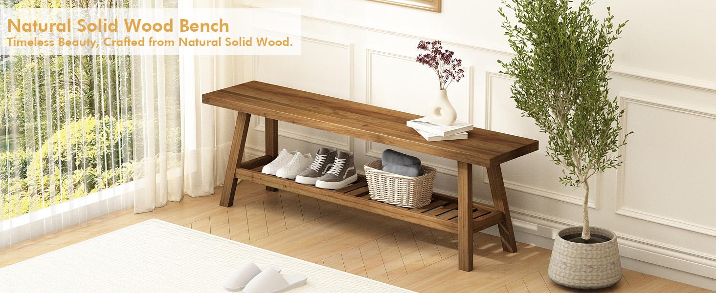 PieDle Furniture 2-Tiers Solid Wood Bench-43.3" Farmhouse Entryway Bench with Storage Shelf, Narrow Rustic Bench for Hallway, Kitchen, Bedroom, Dining