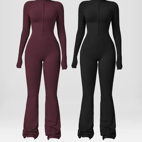 Women's Summervibes Long Sleeve Flare Solid Color Jumpsuit - Zipper 1-Piece, Wide Legs, Stretchable Activewear, Sports Outfits, Move With Ease Full Jumpsuit for Outdoor Fun