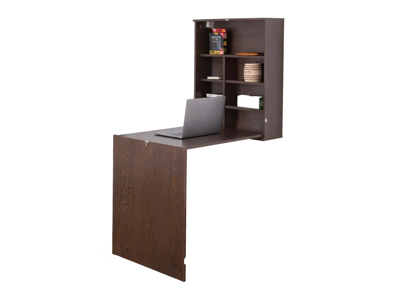 Basicwise QI003558.B Wall Mounted Folding Table with Shelves - Fold Down Murphy Workstation for Small Spaces - Space Saving Floating Solution, Wood, 34.25 x 23.5 x 59.5 in, Brown - Home Office Writing Surface