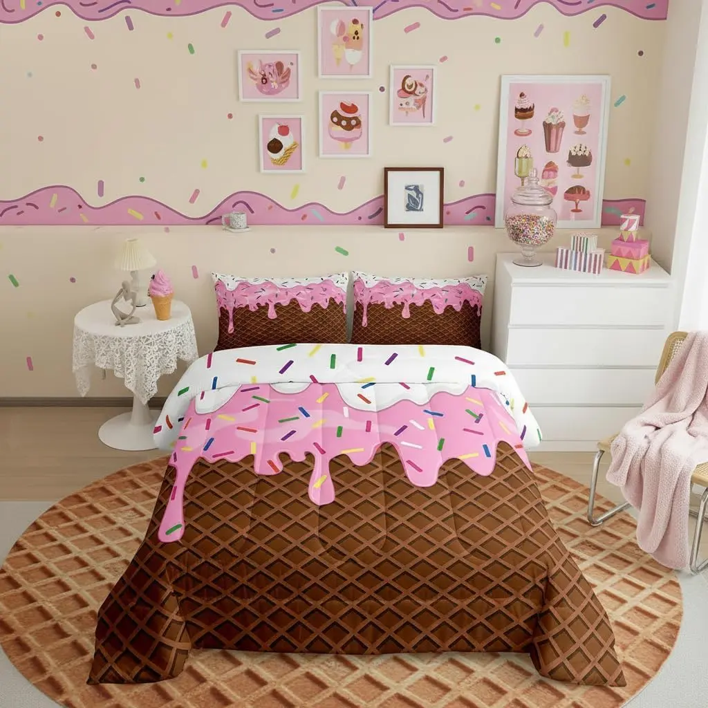 Girls Ice Cream Comforter Set Chocolate Pink White Cream Cake Decor All Season Bedding Set Colorful Candy Comforter,Desserts Decor Quilt Set Bedroom Collection