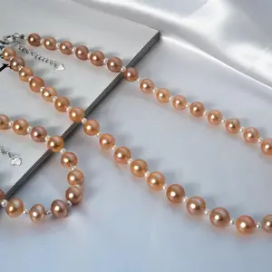 Set05-Freshwater Pearl Necklace & Bracelet Set Champagne Purple Pink White Pearls Candy Edison Sterling Silver Setting Round Beaded Jewelry, Elegant Jewelry, Classic Style, Gift for Her, Wedding Guest Jewelry, Special Occasion Accessory