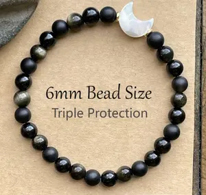 Triple Protection Bracelet Healing Moon Charm Obsidian Hematite Tourmaline Men Women  Gift energy