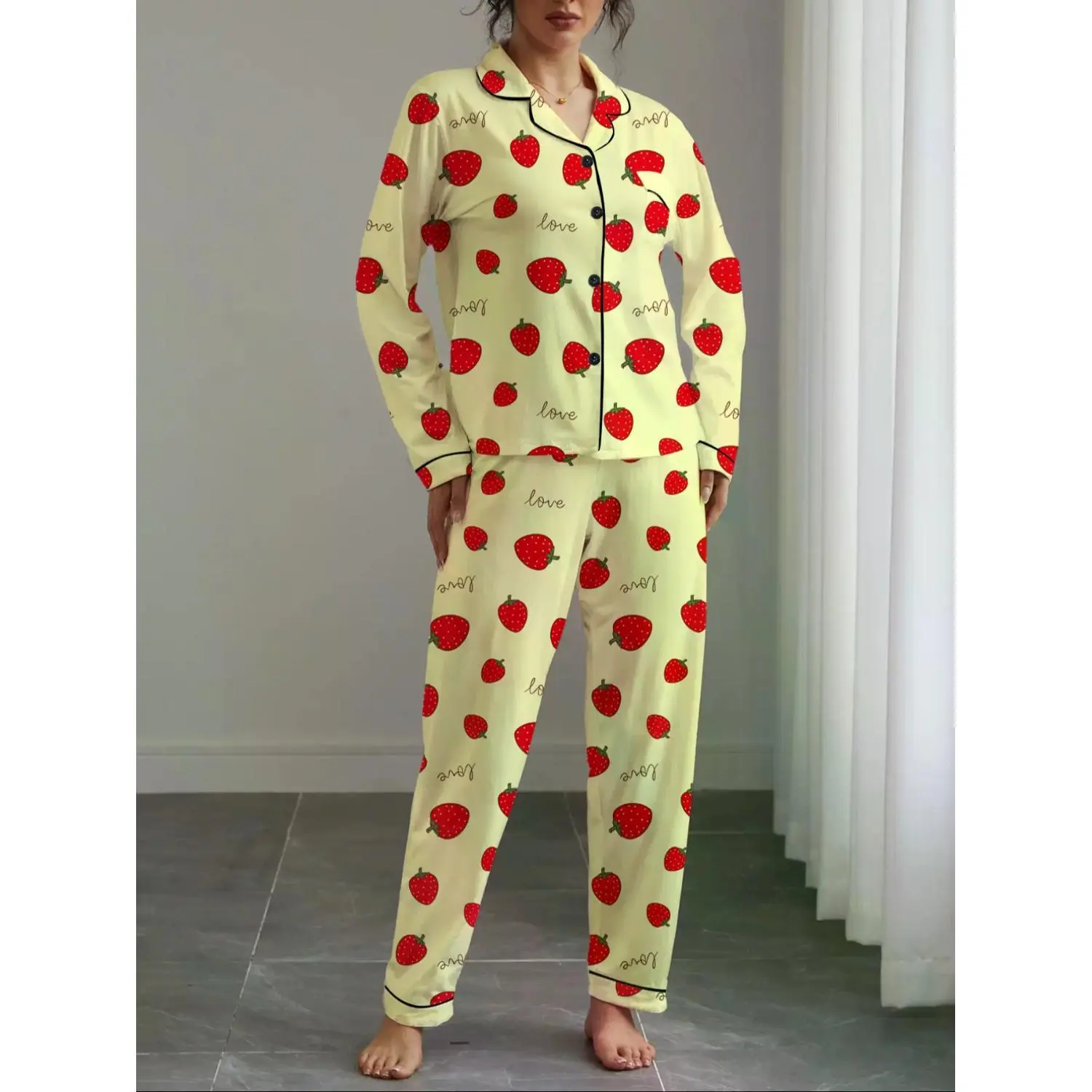 Women's Strawberry Printed Love Print Sleepwear Set, Long Sleeve Button-Up Fitted Top & Elastic Pants, Casual Fall Winter Pajamas, All Season Loungewear, Casual Loungewear Outfit, Home Wear, Pyjamas, Pjs, Womenswear