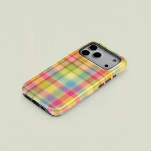 Colorful Plaid Pattern Retro Square Phone Case, Candy Color Print, Durable Two-In-One Protection, Fits iPhone 17-12 Pro, Samsung S25-S22 Ultra Series Compatible with Samsung Galaxy S25