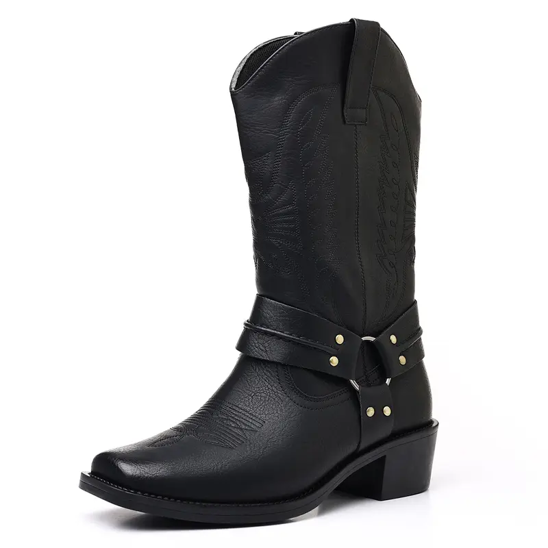 Men's Kitten Chic Cowboy Ankle Booties, Embossed PU Retro Shoes with Ankle Strap and Low Heel, Minimalist, Western Elegance, Cowboy Aesthetic