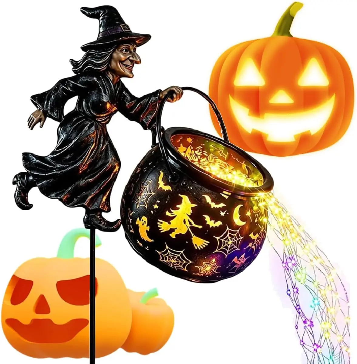 2-Pack Solar LED Halloween Garden Stake Lights - Plastic Body, Spooky Black Cat, Pumpkin Shape, Witch Cauldron Farmhouse Outdoor Decor, Yard & Pathway Stake Mount, Spooky Fun 2026 Festive Home Supplies Led Lights