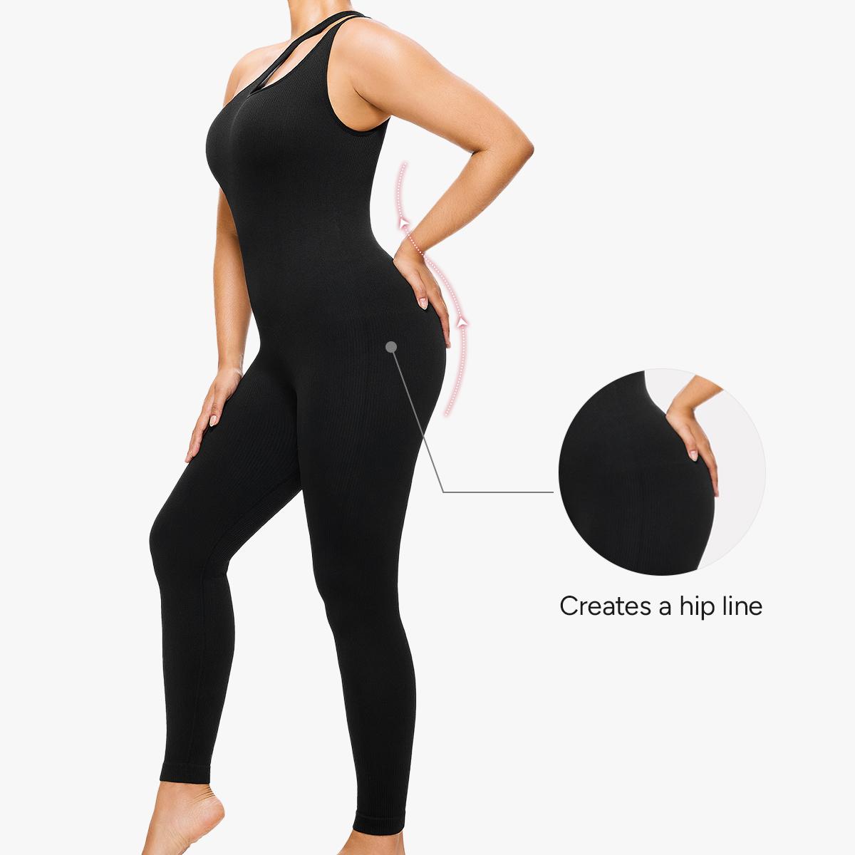 Nebility Women's Workout Seamless Yoga Ribbed Bodycon Jumpsuit Cut Out Asymmetric One Piece Leg Lengthening Tank Top Leggings Romper Stylish Activewear Stretchable All Season Solid Color Sports Jumpsuit