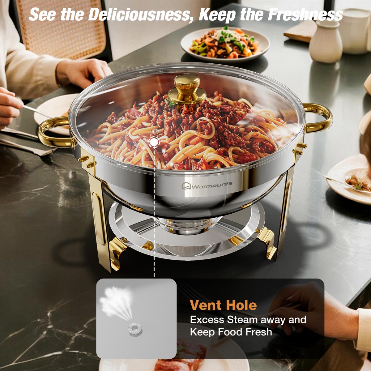 WARMOUNTS Chafing Dish Buffet Set, Glass Lid 5QT 2/4/6 Pack Gold Accent Stainless Steel Chafers and Buffet Warmers Sets with Lid & Lid Holder for Parties Catering Events Weddings Banquets WARMOUNTS Chafing Dish Buffet Set, Glass Lid 5QT 2/4/6 Pack Gold Accent Stainless Steel Chafers and Buffet Warmers Sets with Lid & Lid Holder for Parties Catering Events Weddings Banquets