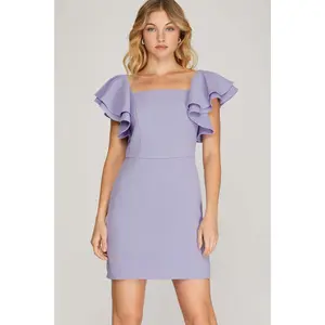 Lilac Double Ruffle Sleeve Textured Mini Dress – Square Neck Fit & Flare