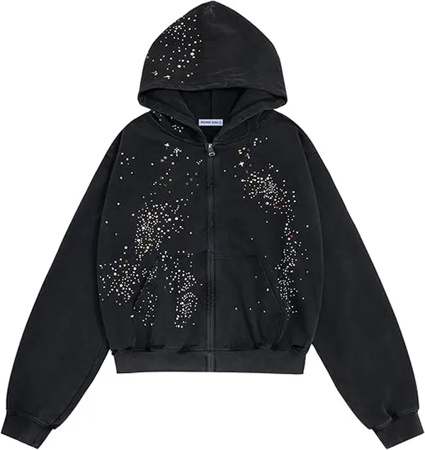 Washed Sparkling Rhinestone Zipper Hoodie, Loose Cropped Women Y2K Street Outerwear