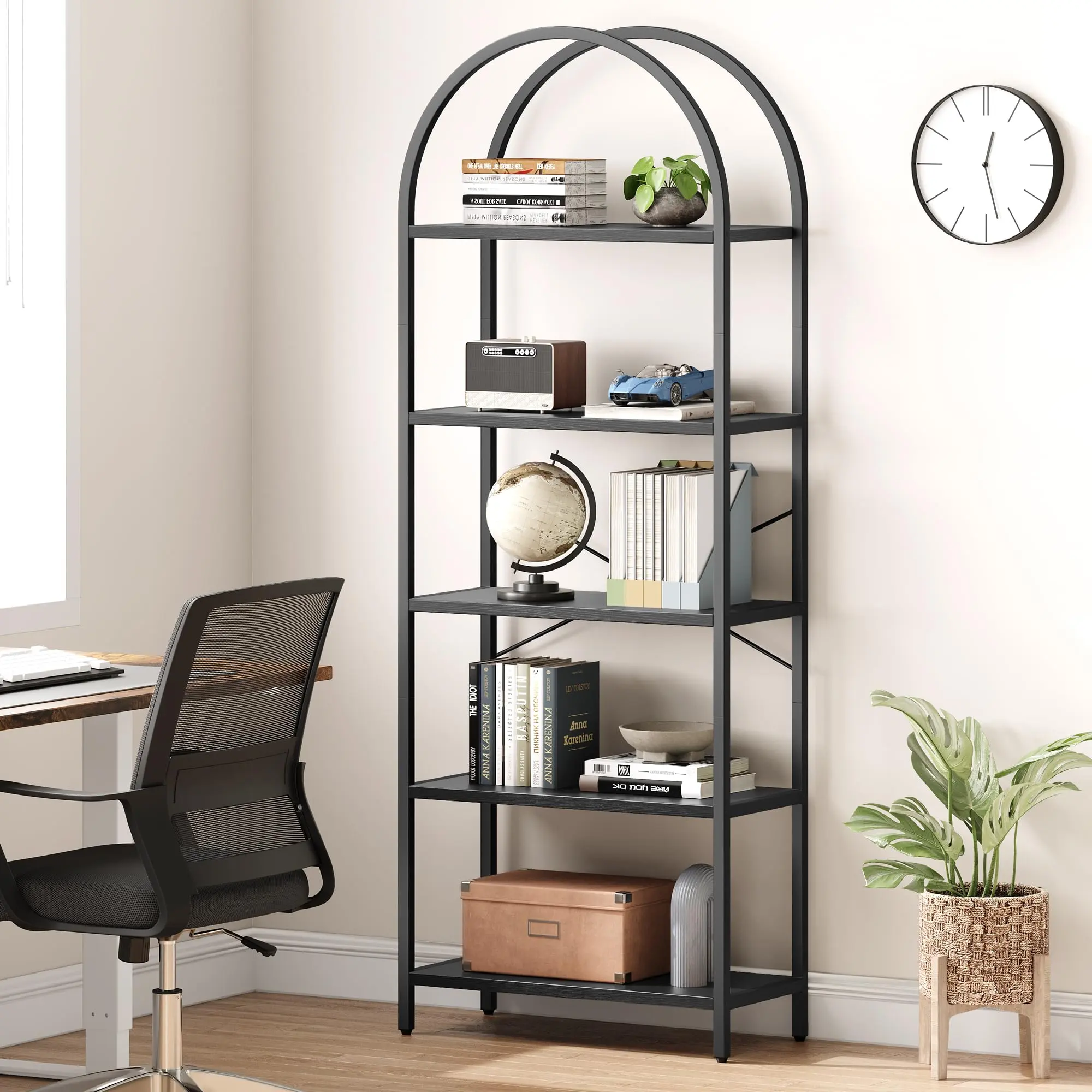 Garvee 5-Tier Arched Bookshelf - Industrial Farmhouse Contemporary Metal & MDF Wood Frame, 71" Tall Adjustable Home Library Rack with Book Nook, Family-Friendly Storage (Grey, Gold Finishes) with Anti-Tip Strap, Assembly Required