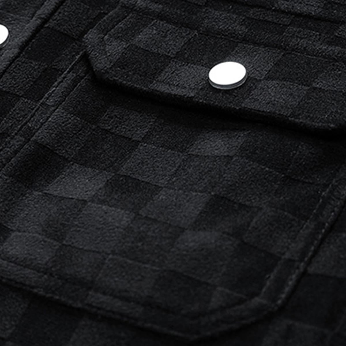 Men's Black Patterned Suede Wool Jacket with Front Flap Pockets and Button Closure, Suitable for Autumn Wear - Fashionable and Practical Top - Aesthetic - Fashion men outfits SpringStatements