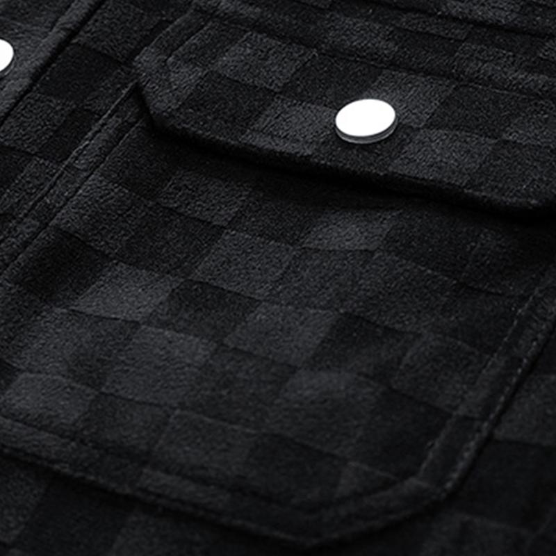 Men's Black Patterned Suede Wool Jacket with Front Flap Pockets and Button Closure, Suitable for Autumn Wear - Fashionable and Practical Top - Aesthetic - Fashion men outfits